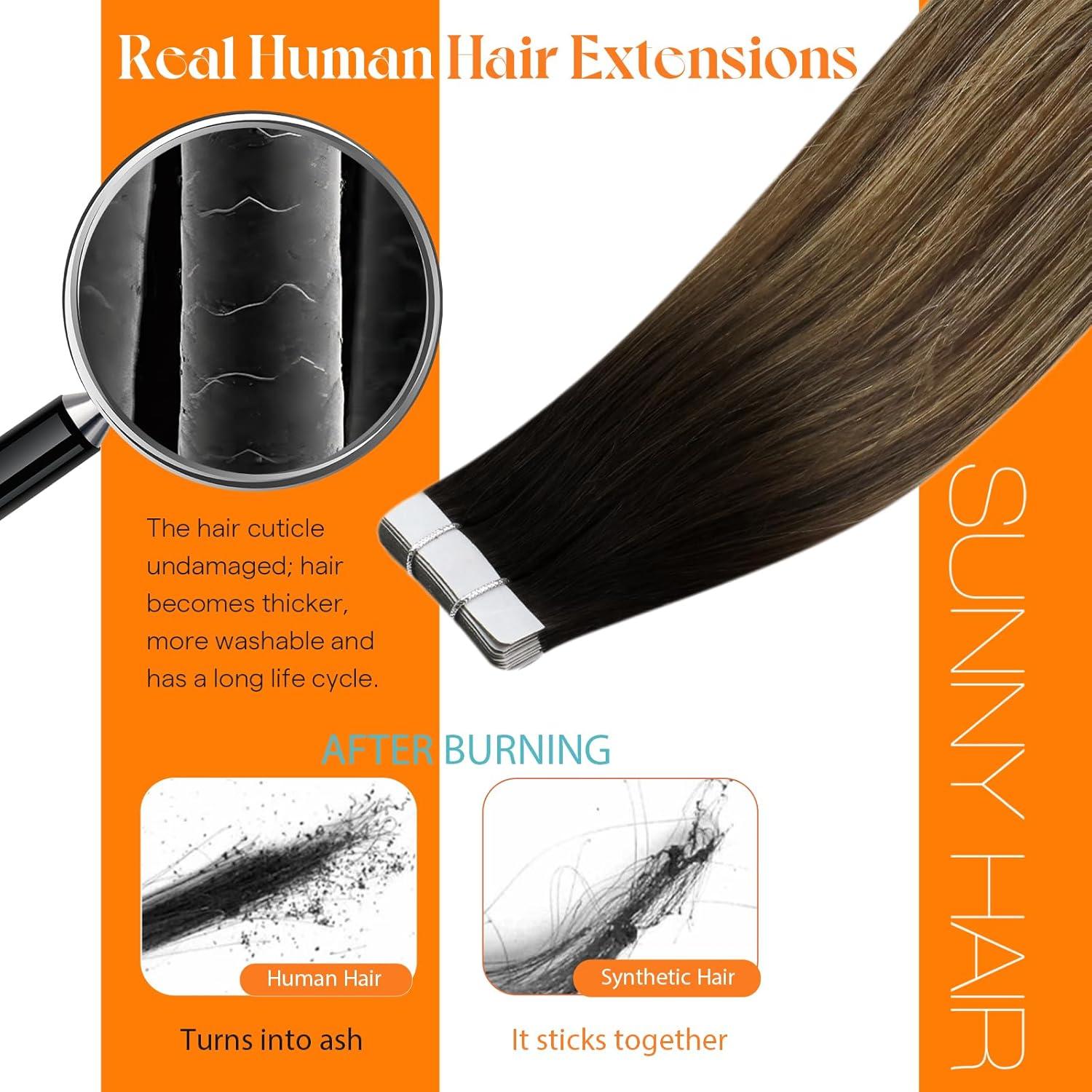 imageSunny Hair 20Pcs 50g 24inch Black Human Hair Extensions Bundle Tape in Hair Extensions with Black Brown Balayage Caramel Blonde Human Hair Tape in Extensions 2 Packs