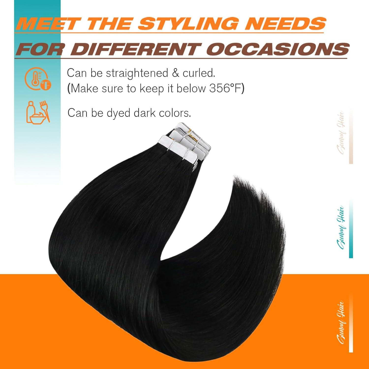 imageSunny Hair 20Pcs 50g 26inch Black Human Hair Extensions Bundle Tape in Hair Extensions with Real Human Hair Tape in Extensions Jet Black Tape in Extensions 2 Packs