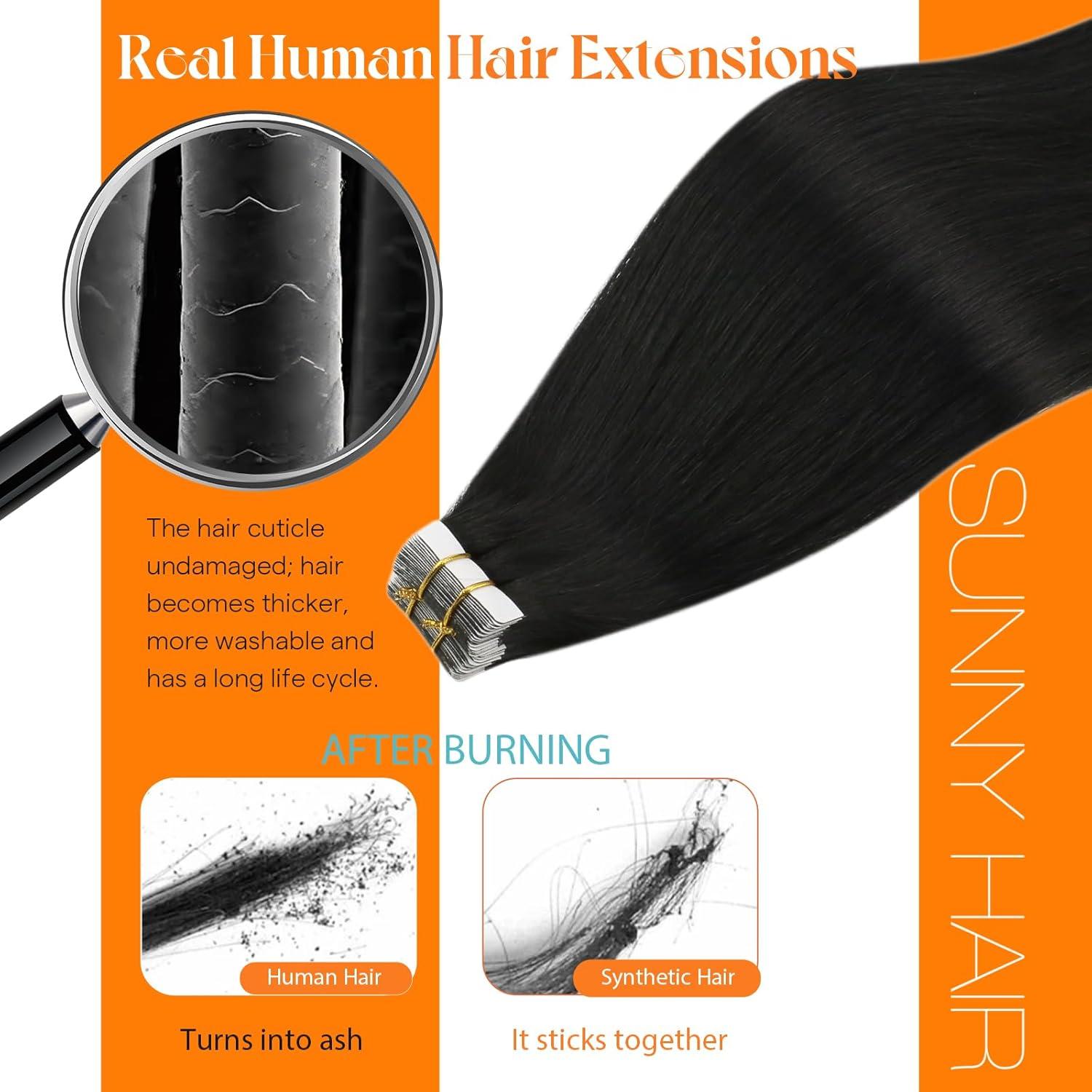 imageSunny Hair Black Tape in Hair Extensions Human Hair 18 inch Remy Human Hair Tape in Extensions for Women 10Pcs 25g