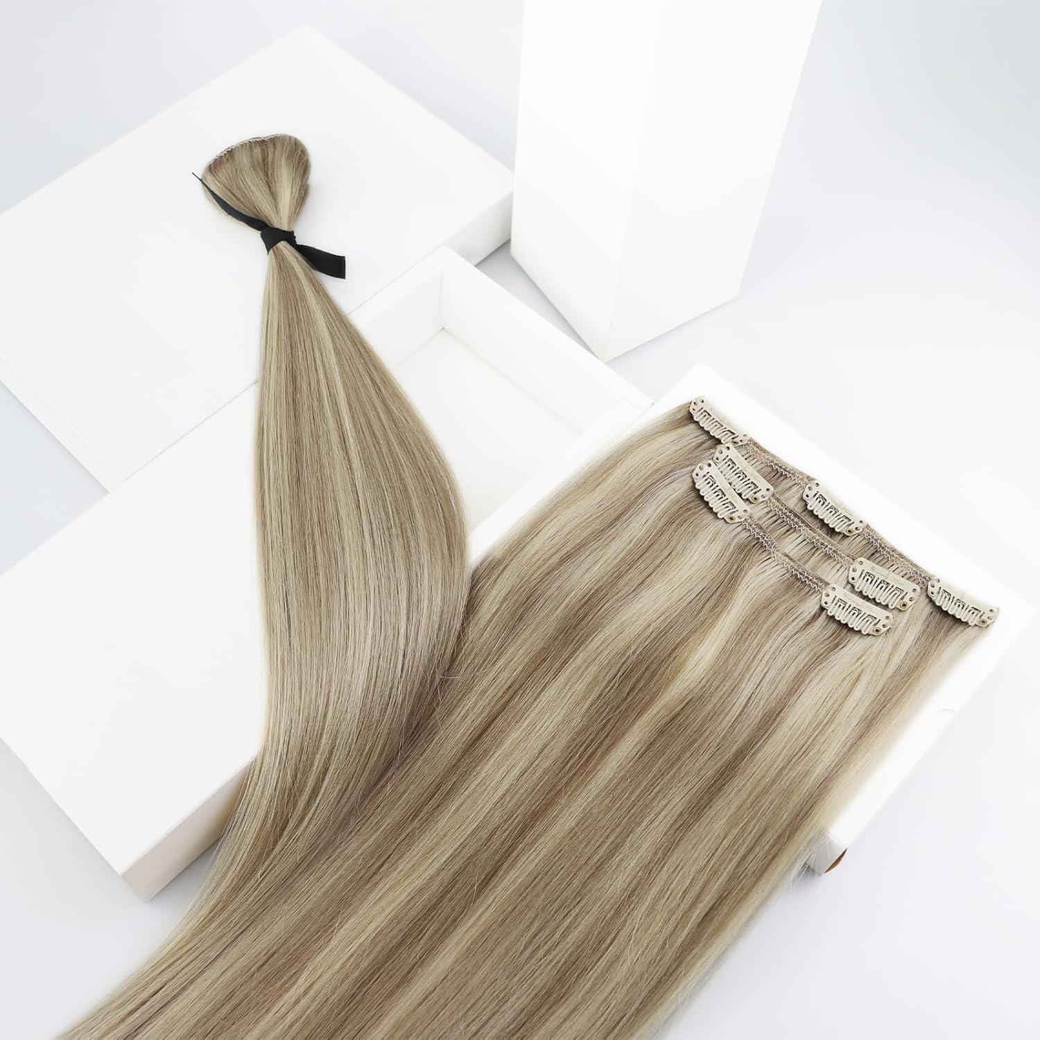 imageSunny Hair Clip in Hair Extensions Straight Human Hair Bundle Ve Sunny Blonde Tape in Hair Extensions Highlight Hair Extensions Light Blonde Highlight Golden Blonde 20pcs 50g 20inch