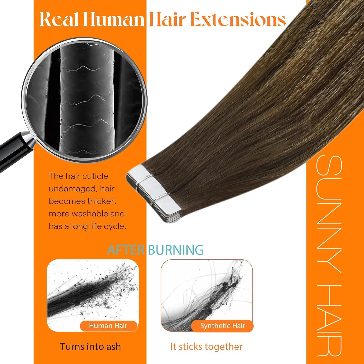 imageSunny Hair Tape in Extensions Dark Brown Balayage Caramel Blonde Tape in Hair Extensions Human Hair 18 inch Tape ins Human Hair Extensions 10Pcs 25g