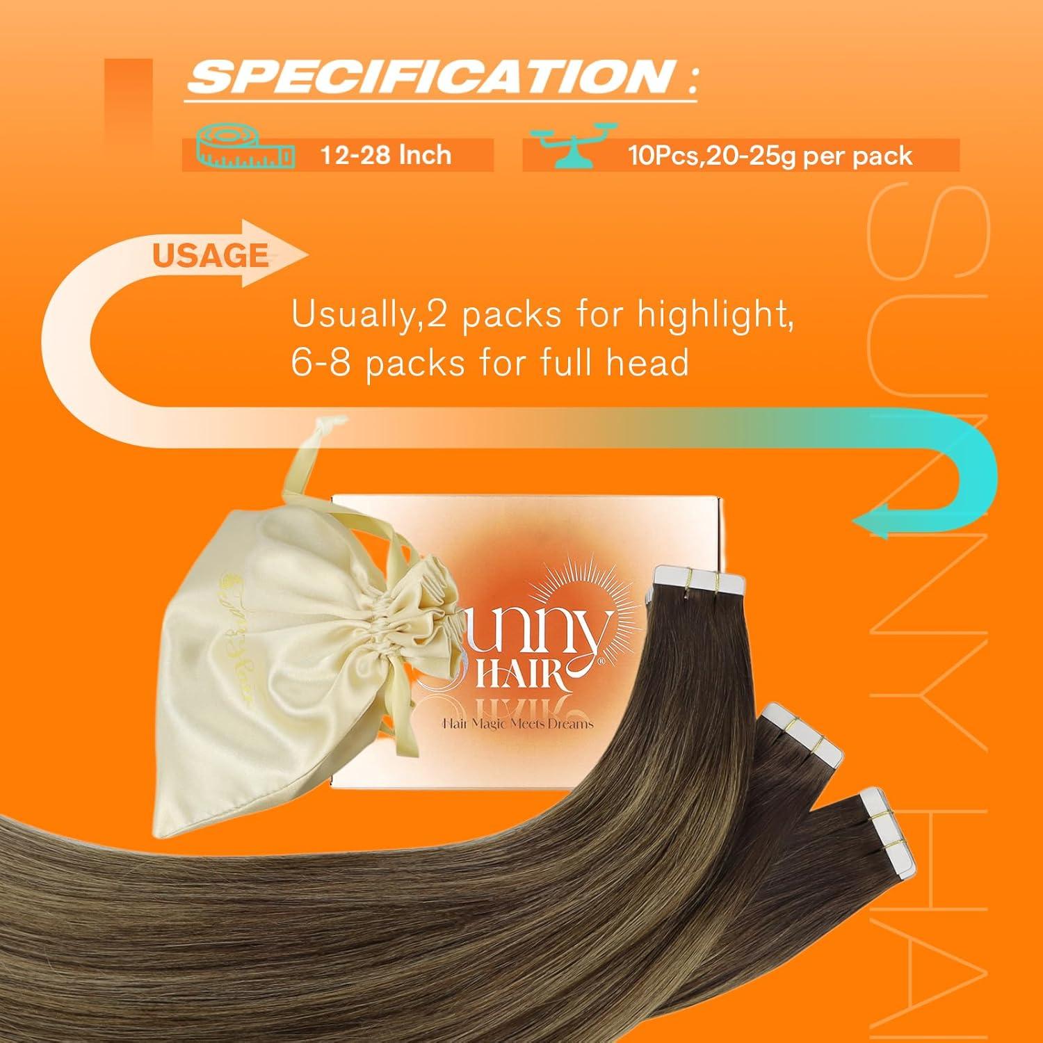 imageSunny Hair Tape in Extensions Dark Brown Balayage Caramel Blonde Tape in Hair Extensions Human Hair 18 inch Tape ins Human Hair Extensions 10Pcs 25g