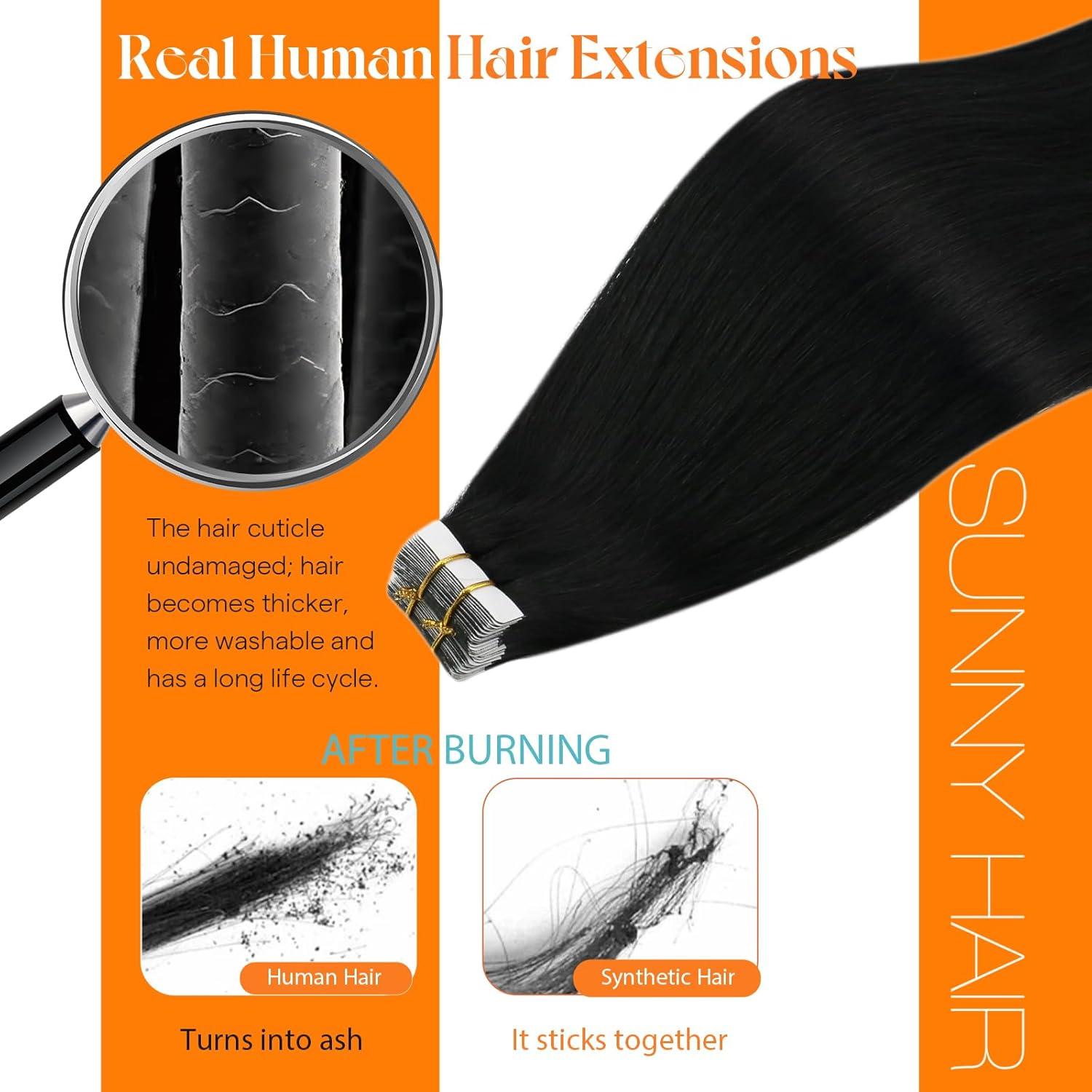 imageSunny Hair Tape in Hair Extensions Human Hair 16inch 40pcs 100g Hair Extensions Real Human Hair Tape in Extensions for Women Jet Black Invisible Remy Hair Natural Straight Skin Weft Double Sided Tape