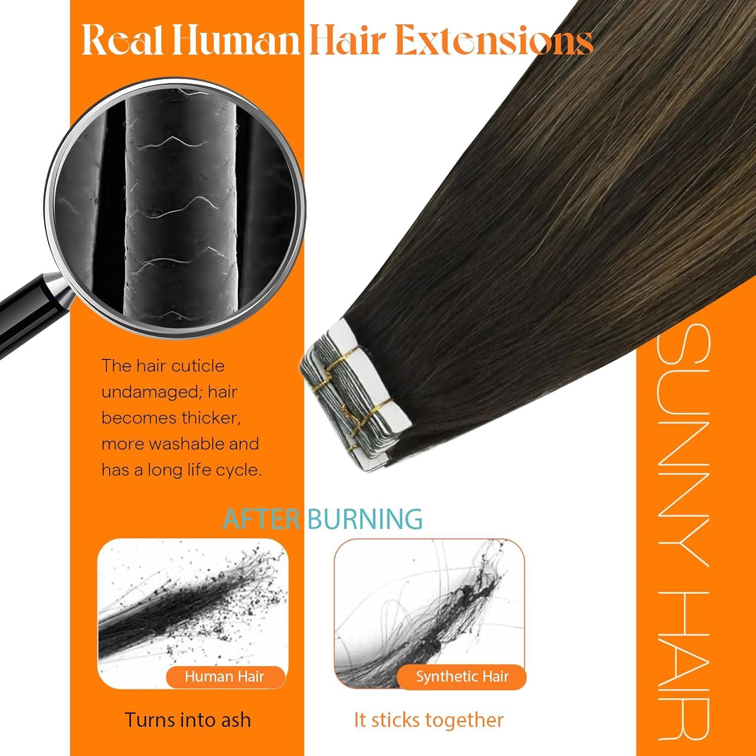 imageSunny Hair Tape in Hair Extensions Human Hair 18 Inch 40pcs 100g Hair Extensions Real Human Hair Tape in Extensions for Women Darkest Brown Ombre Medium Brown Balayage Remy Hair Straight Skin Weft