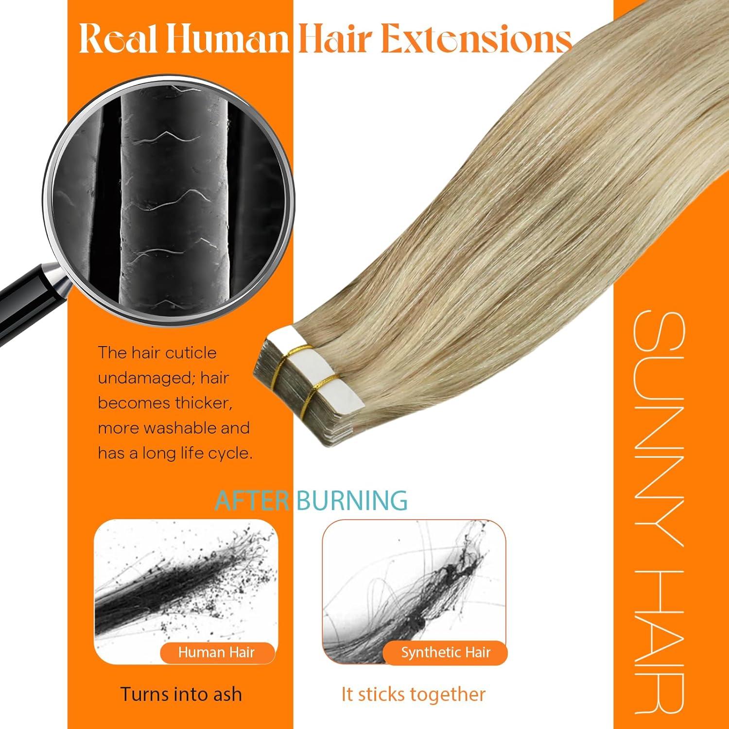 imageSunny Hair Tape in Hair Extensions Real Human Hair Invisible Remy Hair Extensions Tape ins for Women Dark Blonde Highlights Light Blonde 16 inch 20Pcs 50G