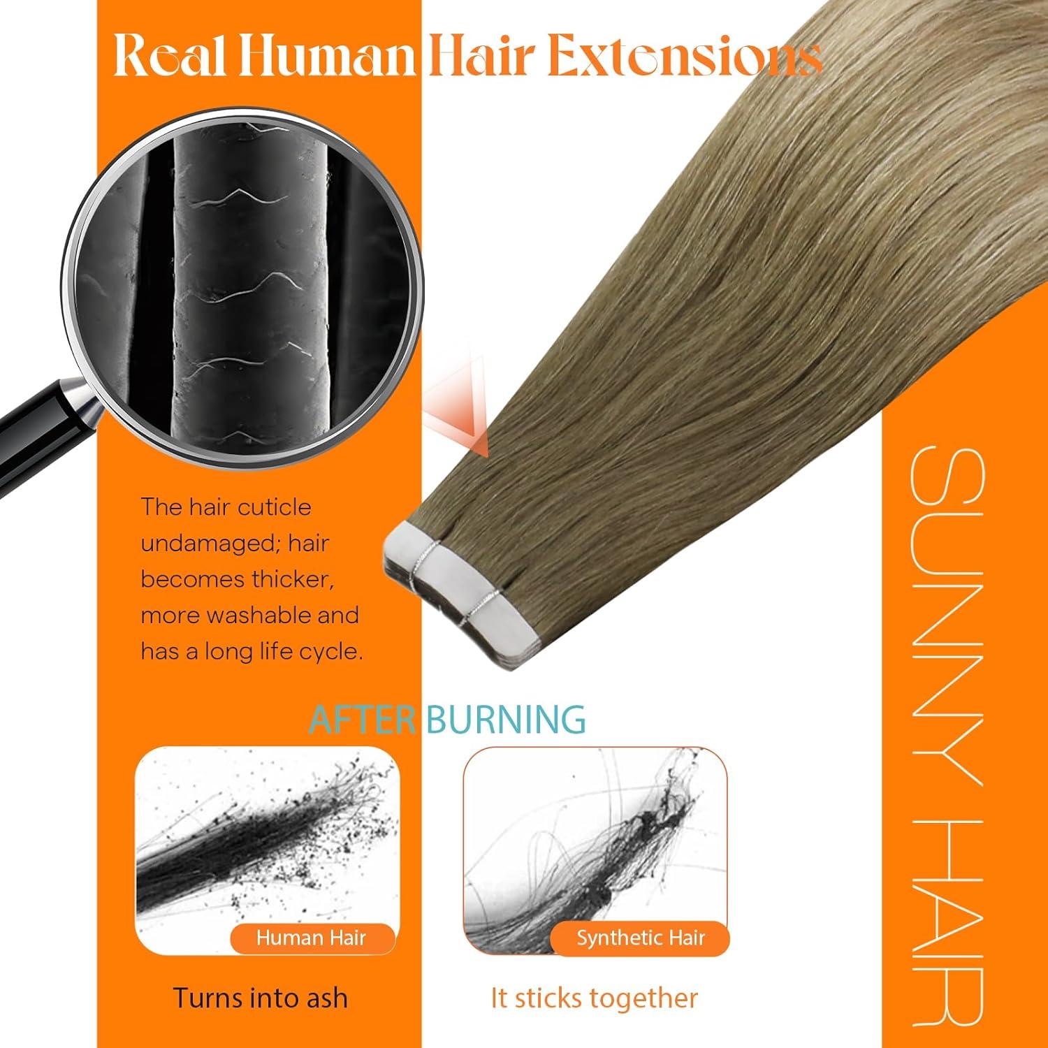 imageSunny Hair Tape in Hair Extensions Real Human Hair Invisible Remy Hair Extensions Tape ins for Women Light Brown Root to Platinum Blonde Balayage 18 inch 20Pcs 50G