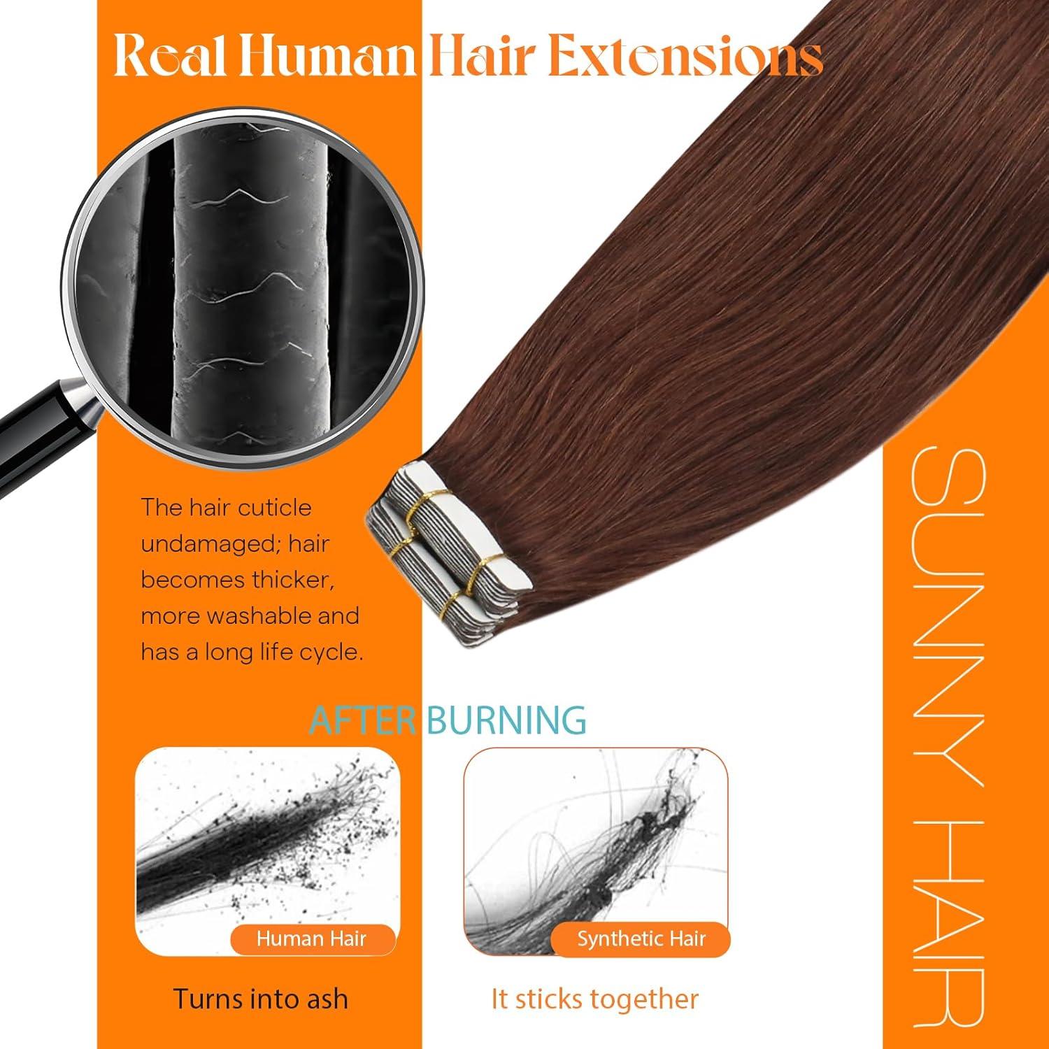 imageSunny Hair Tape in Hair Extensions Real Human Hair Invisible Remy Hair Extensions Tape ins for Women Medium Manogany Brown 22 inch 20Pcs 50G