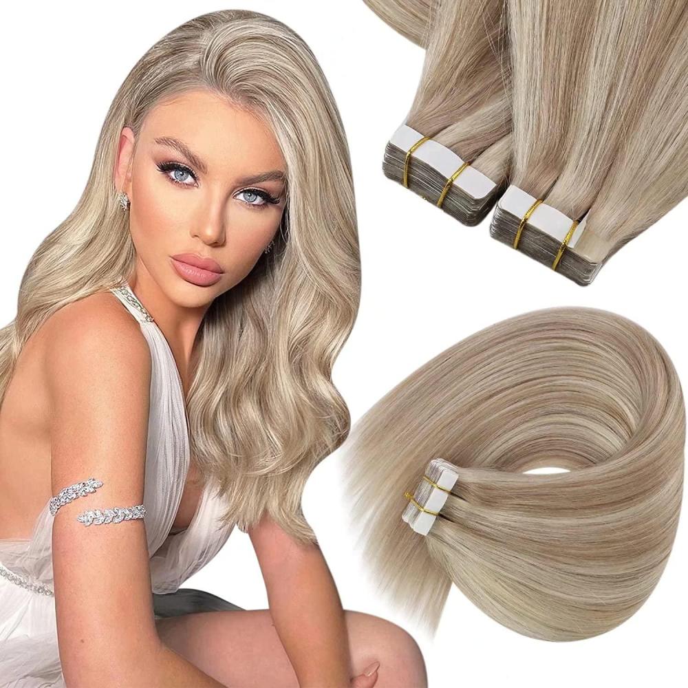 image2 Packs  Sunny Hair Clip in Hair Extensions Blonde Clip in Extensions and Tape in Hair Extensions Human Hair Ash Blonde Highlights Color 24 inch