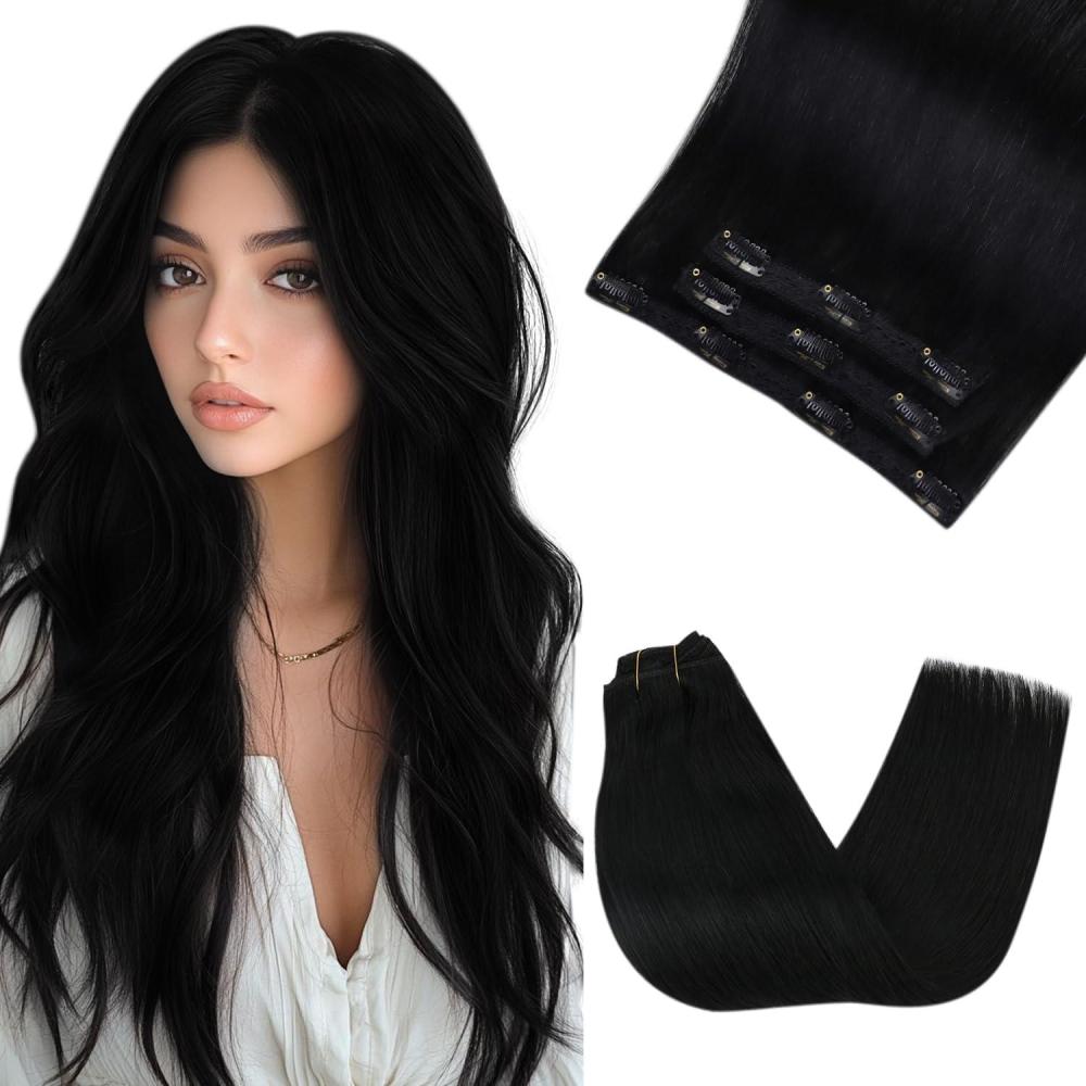 image2 Packs Bundle Sunny Hair Tape in Hair Extensions Jet Black 1 18in Clip in Hair Extensions 3pcs 80g 18inch 1