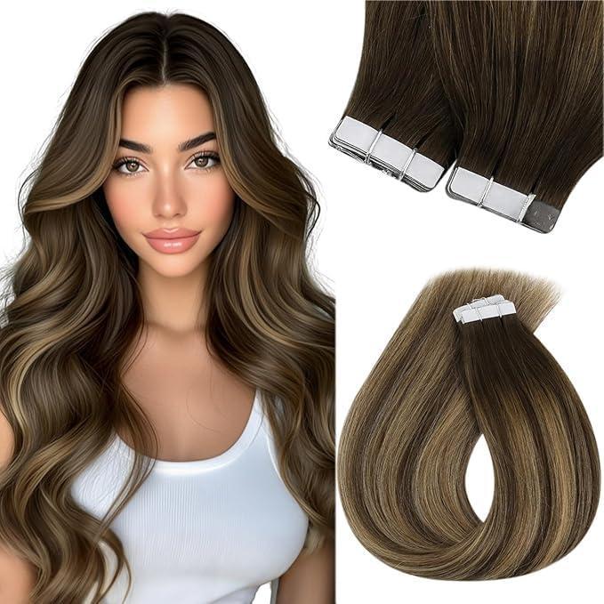 image2 Packs Sunny Hair Tape in Extensions Real Human Hair Cool Brown Balayage Light Brown with Highlight Bundle with Tape in Extensions Dark Brown Root to Caramel Blonde Balayage18inch 40pcs 100G