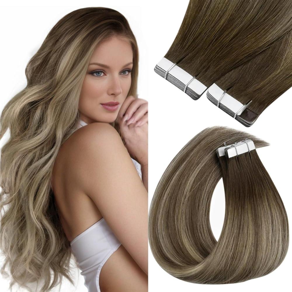 image2 Packs Sunny Hair Tape in Hair Extensions Real Human Hair Cool Brown Balayage Light Brown with Highlight 18inch Bundle with Same Color 16inch 40pcs 100G