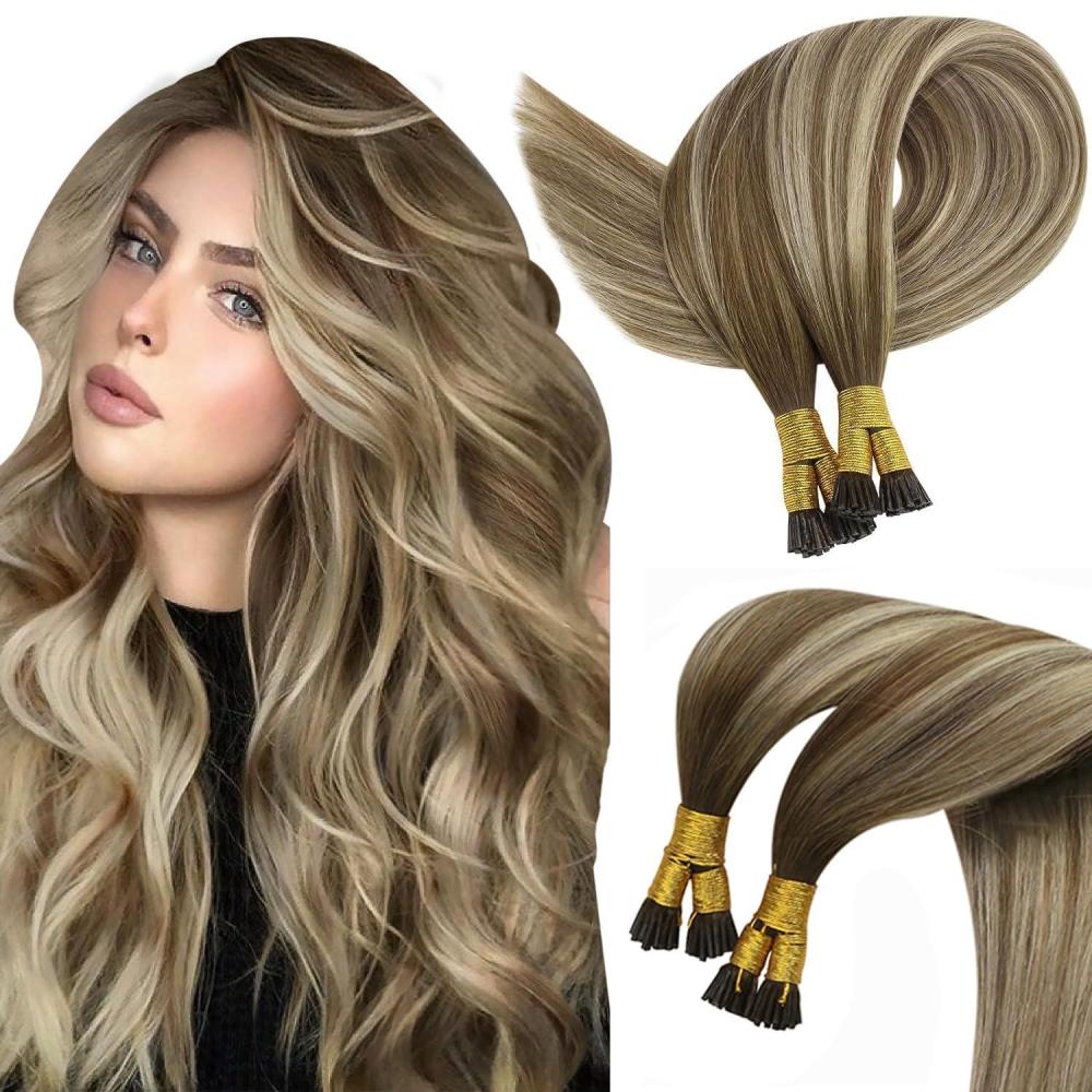 image2 Packs Sunny Itip Hair Extensions Dark Brown to Ash Brown Highlight Medium Blonde Bundle with Tape in Hair Extensions Same Color 18inch