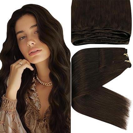 image2 Packs Sunny Tape in Hair Extensions 50g 20pcs 14inch and Sunny Weft Hair Extensions 14Inch 70G Bundle Real Human Hair 2 Darkest Brown Hair Extensions