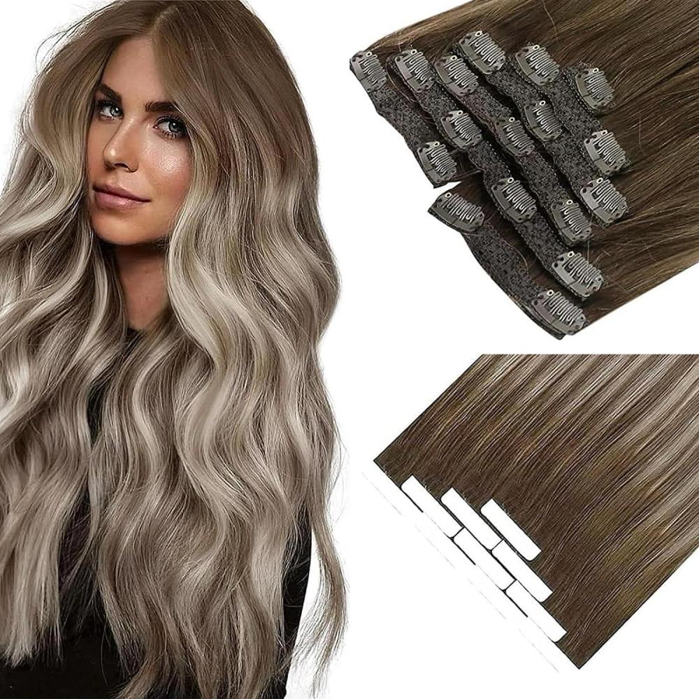 image2Packs 145g Ve Sunny Brown Balayage Tape in Hair Extensions Human Hair and Sunny Clip in Hair Extensions Dark Brown Ombre Light Brown with Blonde Balayage Human Hair Extensions 18inch