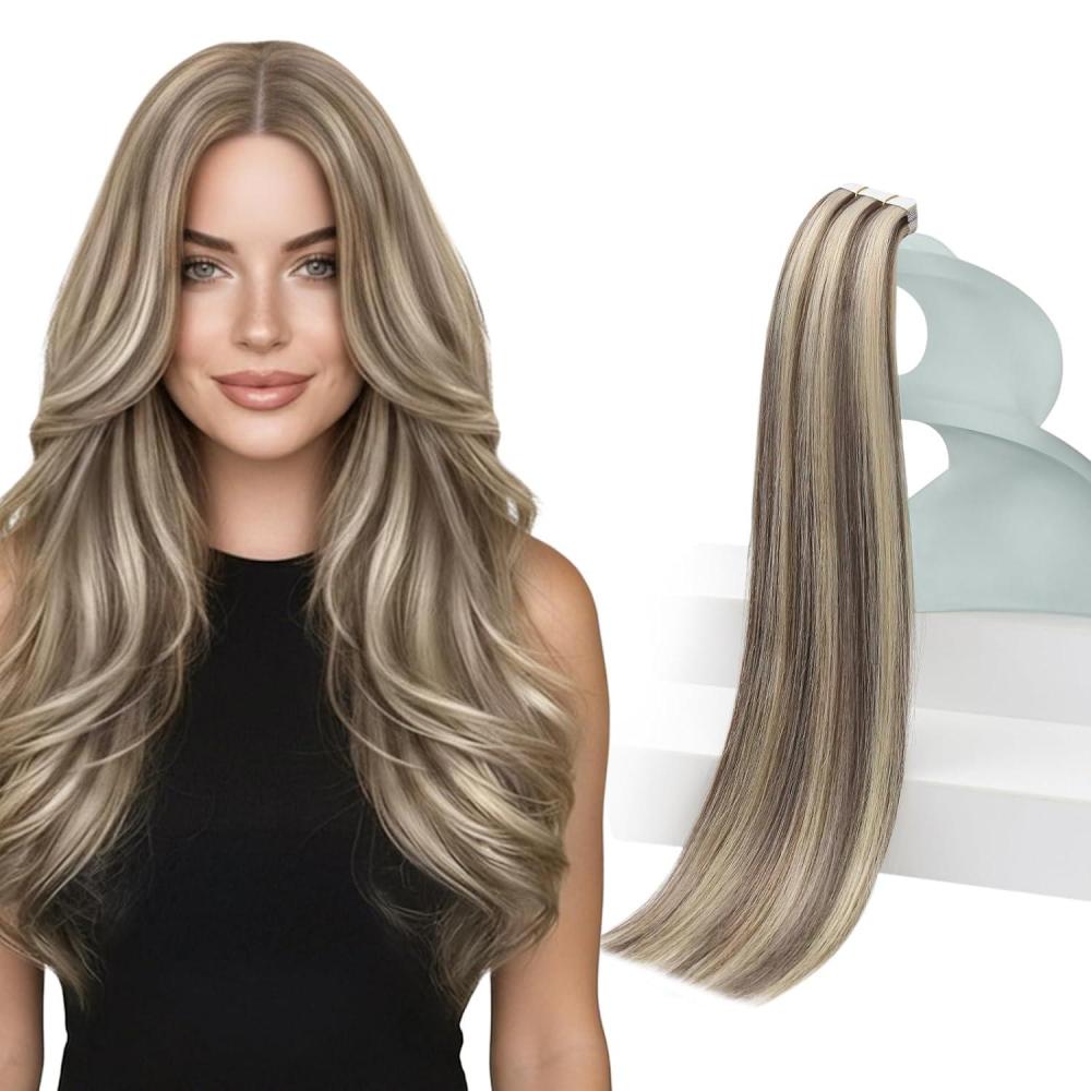 imageAdd Volume 2 Packs Sunny Hair Light Brown Highlight Blonde 22 Inch Tape in Hair Extensions and Weft Hair Extensions