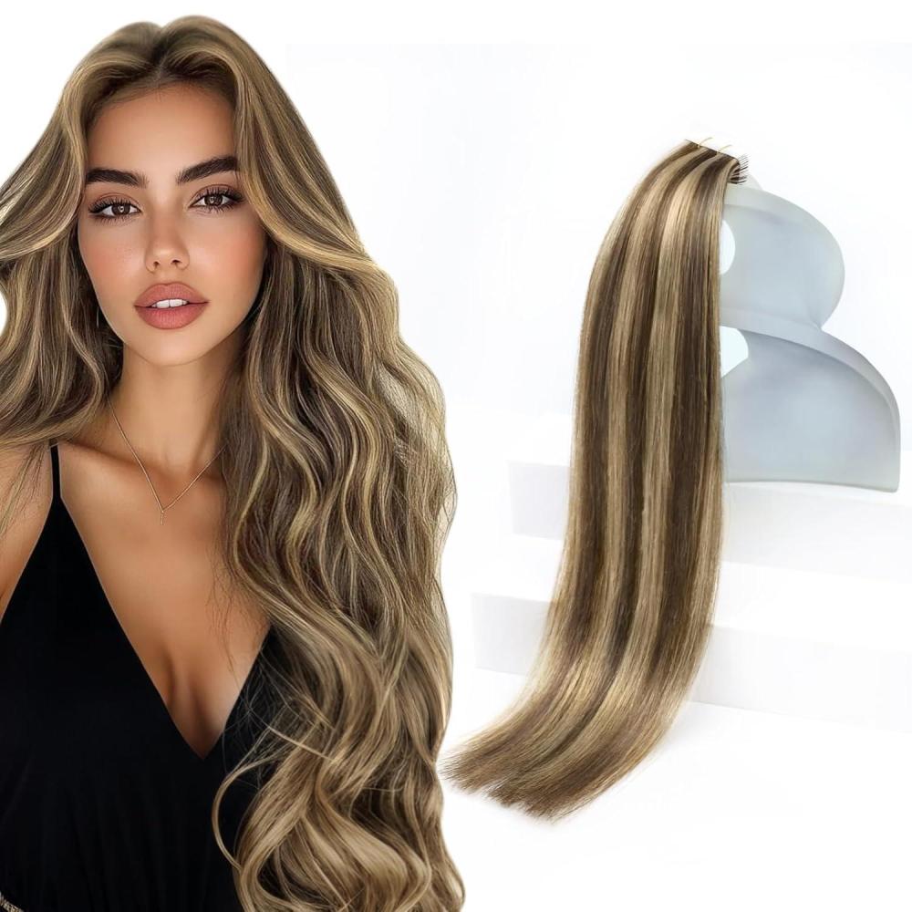 imageAdd Volume 2 Packs of Sunny Weft Hair Extensions and Tape in Hair Extensions Dark Brown Highlight Caramel Blonde P427 12 Inch