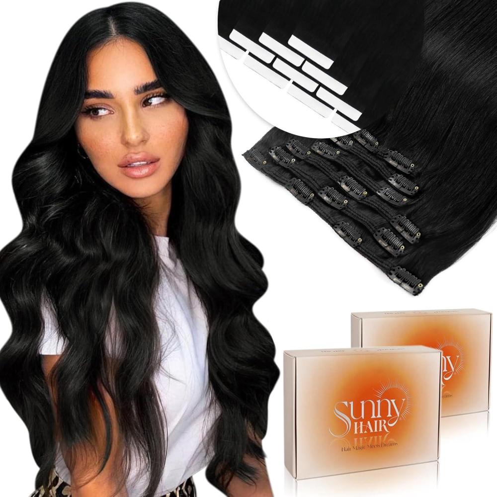 imageSunny Hair 14inch 140G Black Clip in Hair Extensions with Tape in Hair Extensions Human Hair Pack of 2