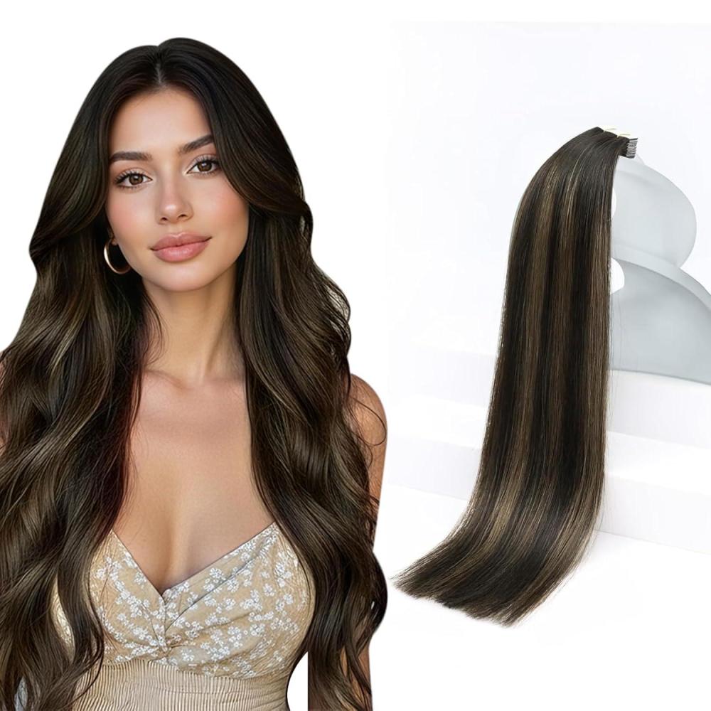 imageSunny Hair 20Pcs 50g 14inch Black Human Hair Extensions Bundle Tape in Hair Extensions with Remy Hair Extensions Tape in Balayage Human Hair 2 Packs