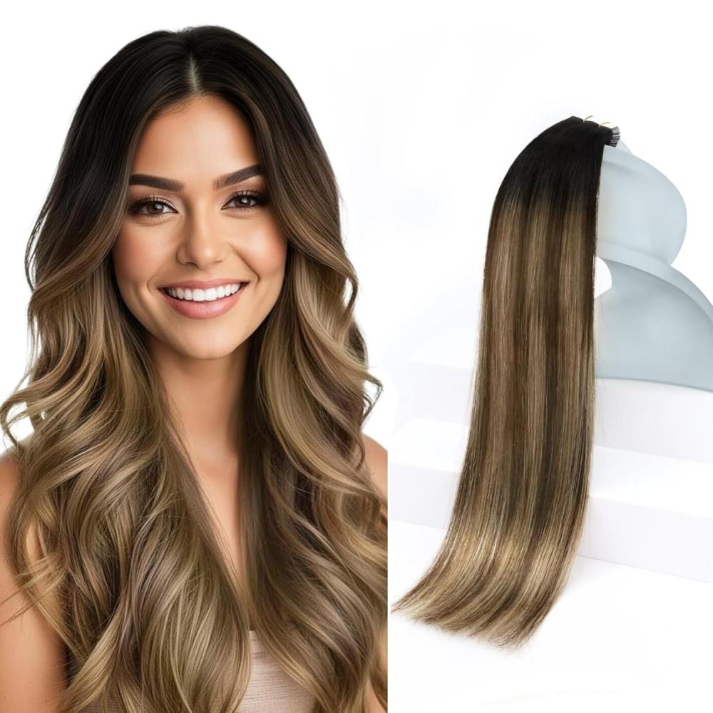 imageSunny Hair 20Pcs 50g 24inch Black Human Hair Extensions Bundle Tape in Hair Extensions with Black Brown Balayage Caramel Blonde Human Hair Tape in Extensions 2 Packs