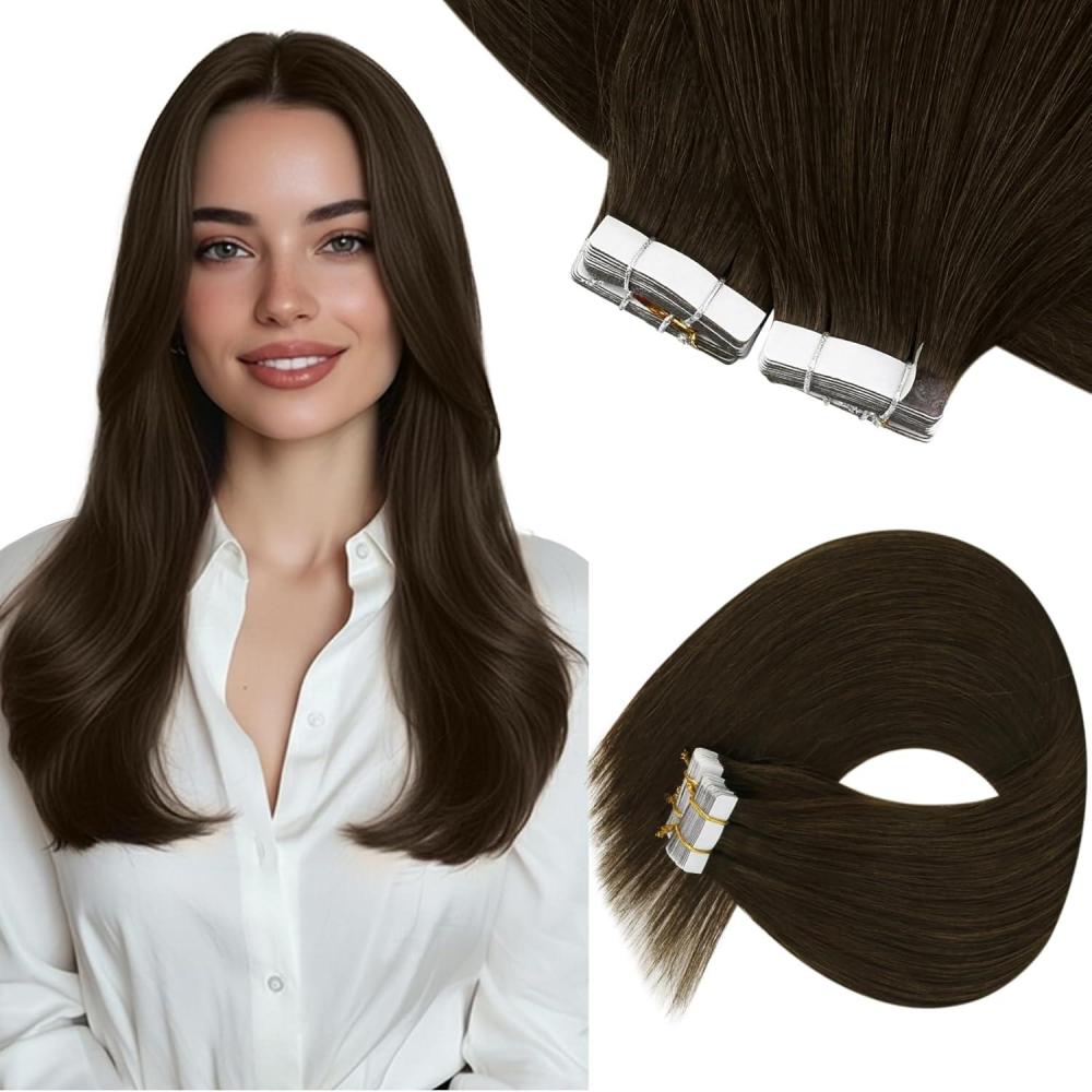 imageSunny Hair Brown Tape in Hair Extensions Human Hair 40Pcs Remy Hair Extensions Softness Tape in Thick End Tape ins Human Hair Extensions 12 Inch 60g