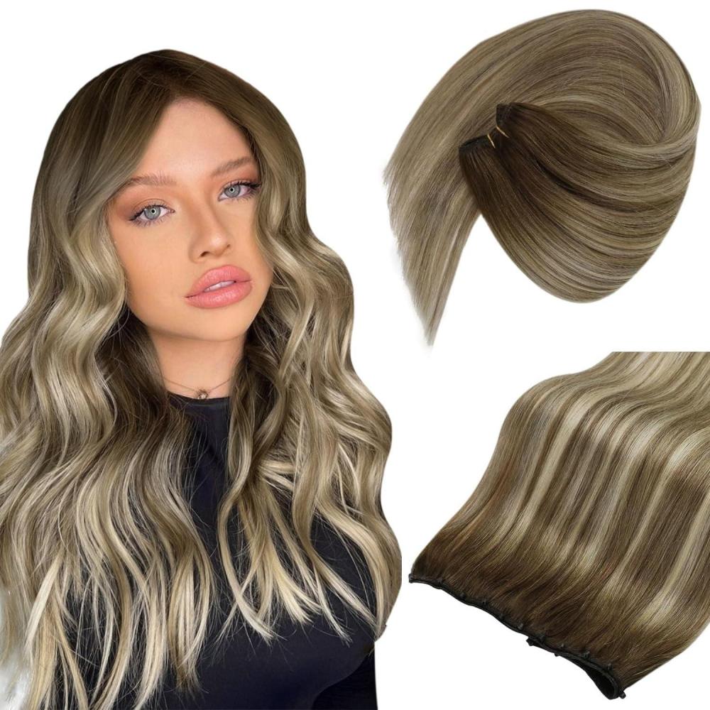 imageSunny Hair Tape in Bundle with Beaded Weft Hair Extentions Jet Black Bundle Dark Brown Roots to Light Brown Balayage Blonde Invisible Remy Hair Natural Straight for Women 18inch 50g50gs