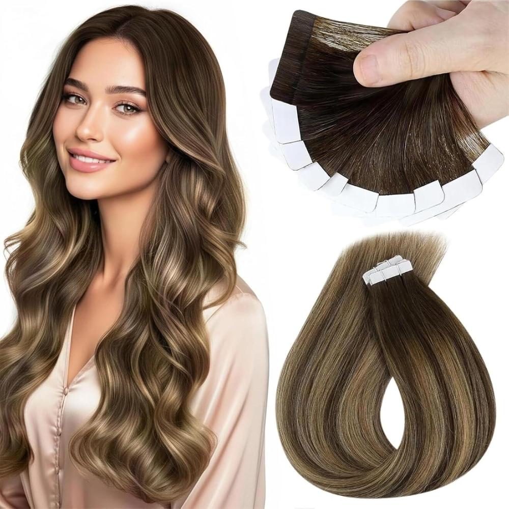 imageSunny Hair Tape in Extensions Dark Brown Balayage Caramel Blonde Tape in Hair Extensions Human Hair 18 inch Tape ins Human Hair Extensions 10Pcs 25g