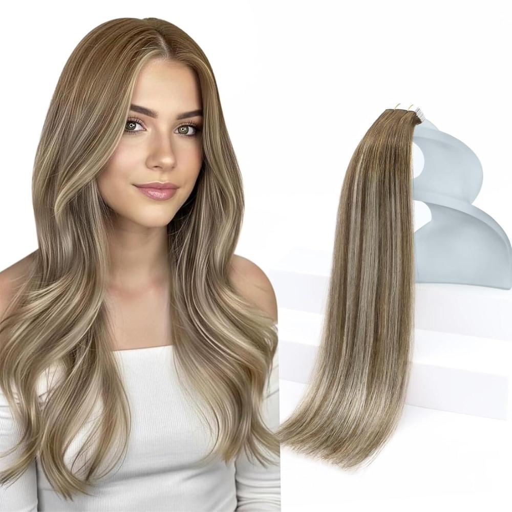 imageSunny Hair Tape in Hair Extensions 22inch Human Hair Tape in Extensions Brown Balayage Blonde Hair Extensions Real Human Hair Tape ins 50g 20Pcs