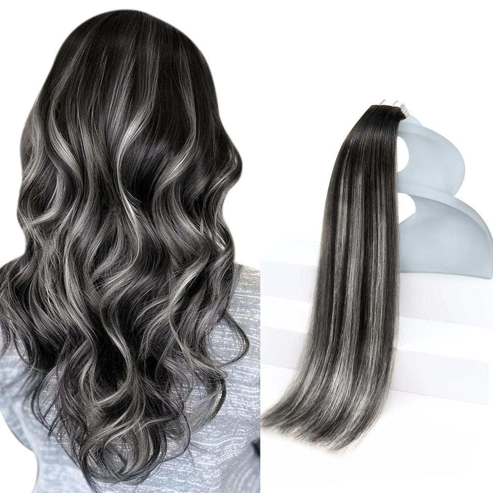imageSunny Hair Tape in Hair Extensions Black Balayage Silver Grey Human Hair Tape in Extensions 12 inch Real Hair Extensions Tape in 20 Pcs 30g