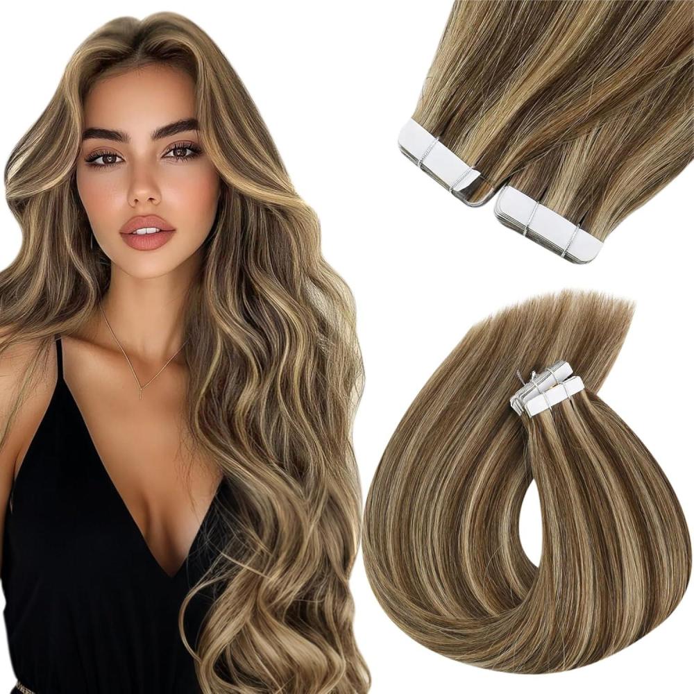 imageSunny Hair Tape in Hair Extensions Color226 Darkest Brown Ombre Medium Brown Balayage 18inch Bundle with ColorP427 Dark Brown Highlight Caramel Blonde 20inch