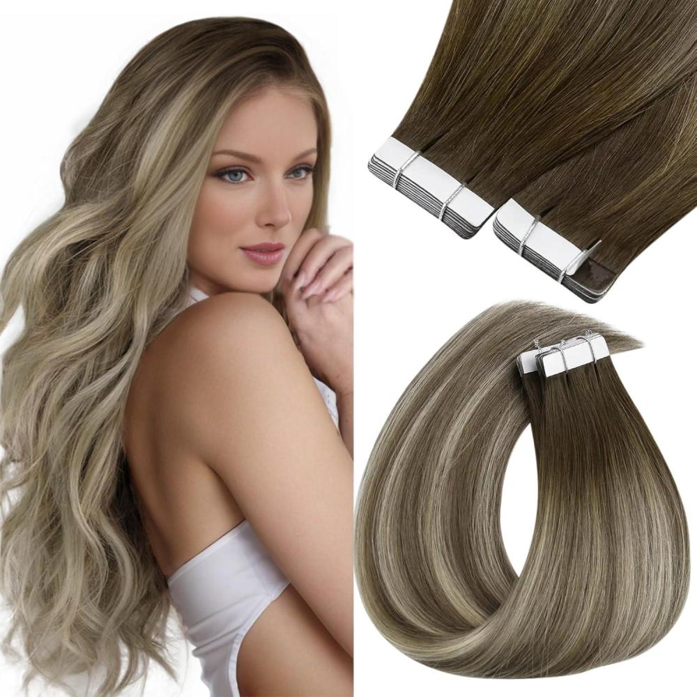 imageSunny Hair Tape in Hair Extensions ColorP427 Dark Brown Highlight Caramel Blonde 18inch Bundle with Color3822 Cool Brown Balayage Light Brown Highlight Medium Blonde 18inch