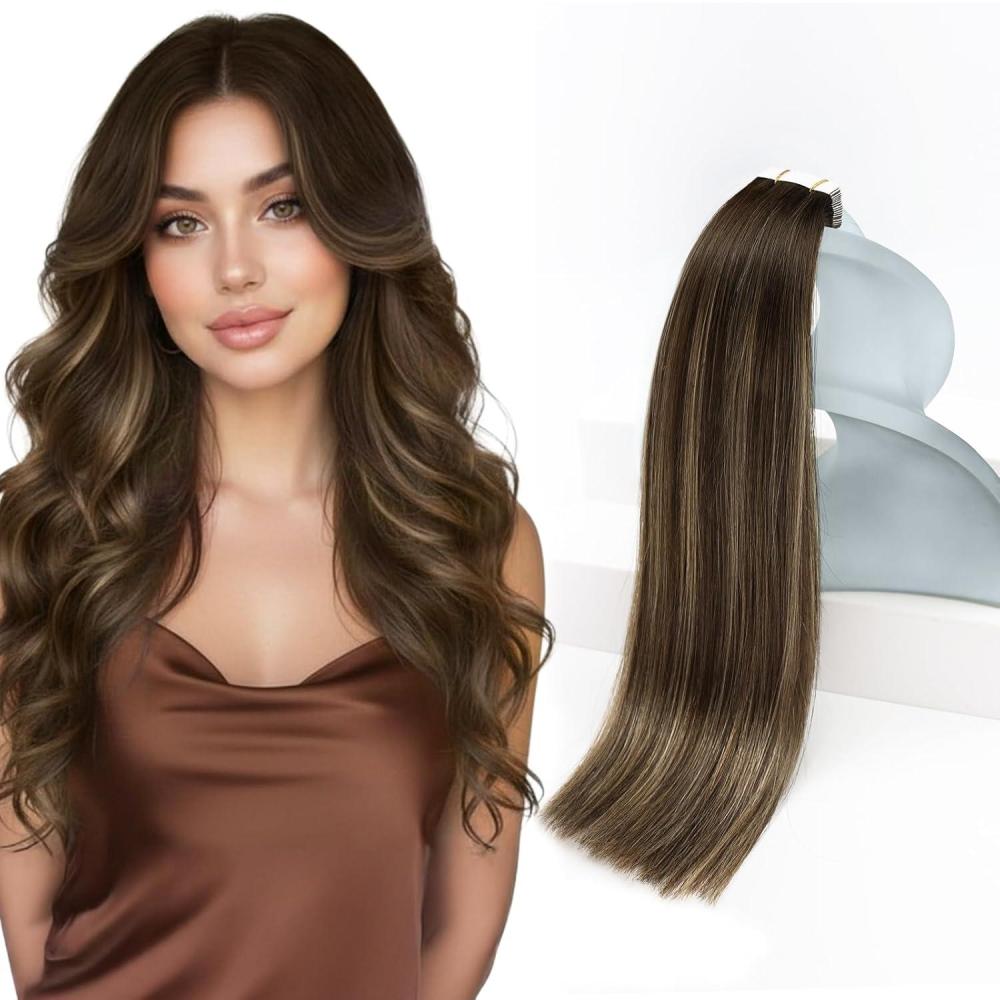 imageSunny Hair Tape in Hair Extensions Human Hair 12 inch Tape in Human Hair Extensions Dark Brown Balayage Caramel Blonde Tape in Extensions 20Pcs 30g