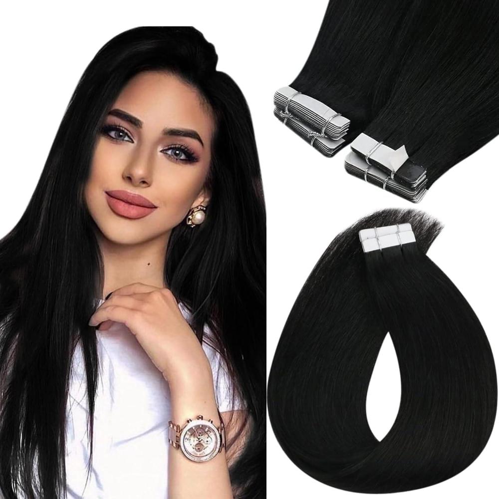 imageSunny Hair Tape in Hair Extensions Human Hair 16inch 40pcs 100g Hair Extensions Real Human Hair Tape in Extensions for Women Jet Black Invisible Remy Hair Natural Straight Skin Weft Double Sided Tape