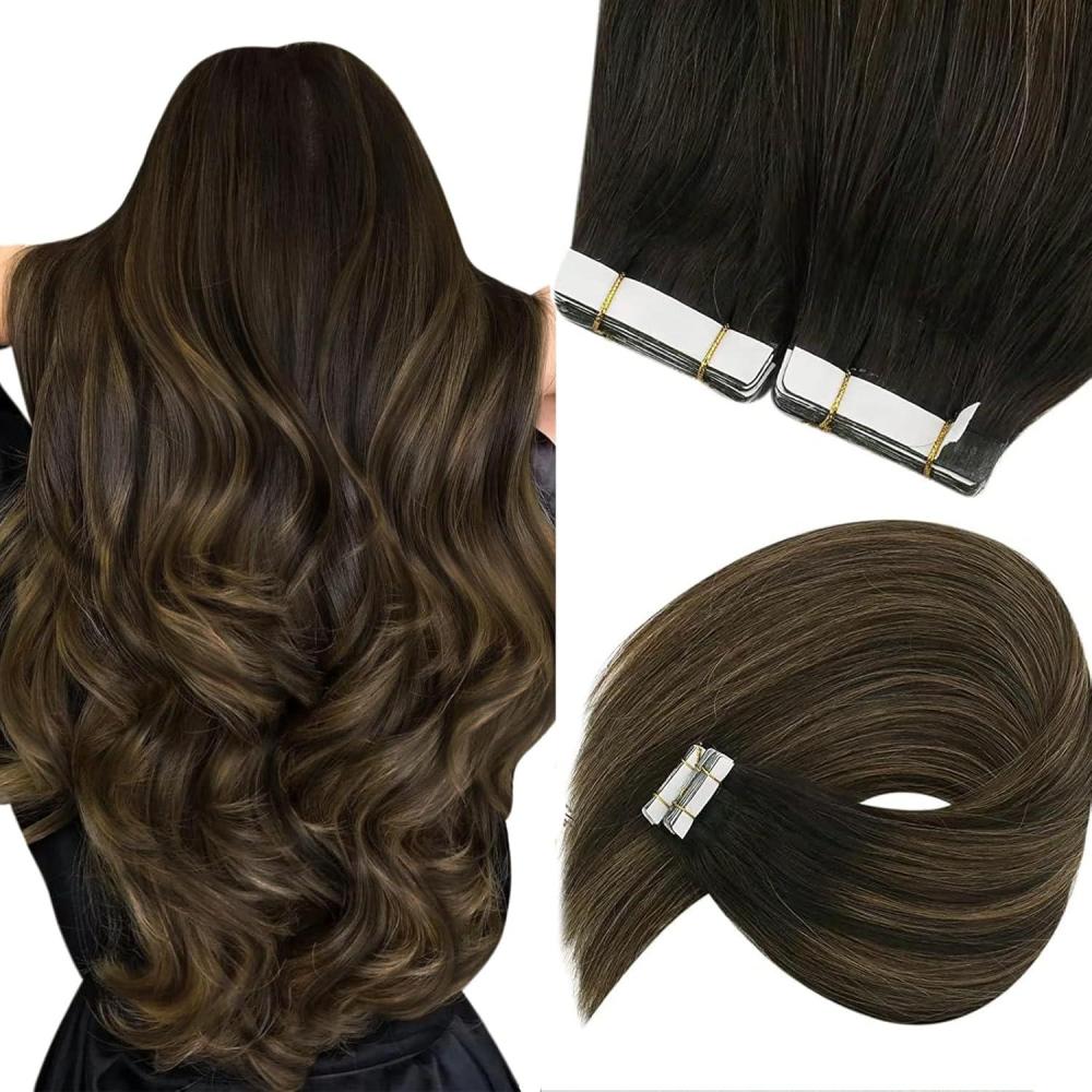 imageSunny Hair Tape in Hair Extensions Human Hair 18 Inch 40pcs 100g Hair Extensions Real Human Hair Tape in Extensions for Women Darkest Brown Ombre Medium Brown Balayage Remy Hair Straight Skin Weft
