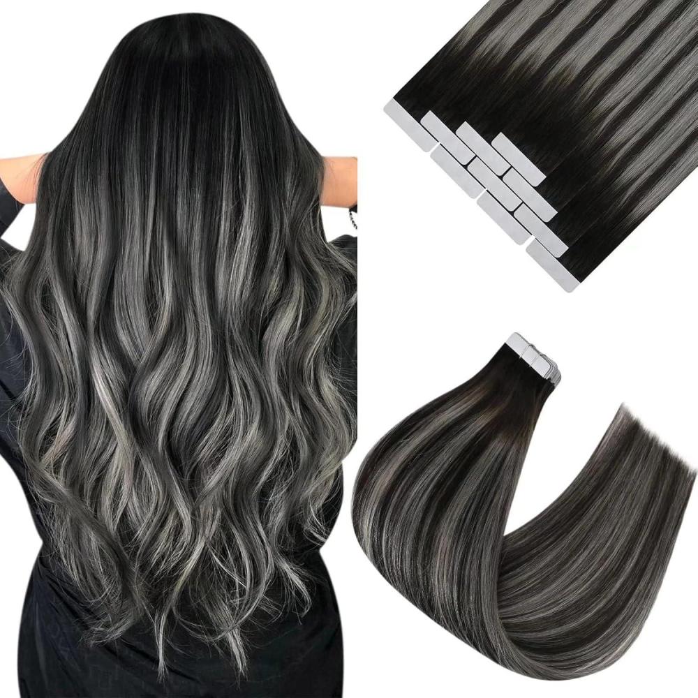 imageSunny Hair Tape in Hair Extensions Human Hair 24 Inch Hair Extensions Real Human Hair Tape in Extensions for Women Natural Black Roots to Silver Grey Balayage Virgin Hair Natural Straight 10Pcs 25g
