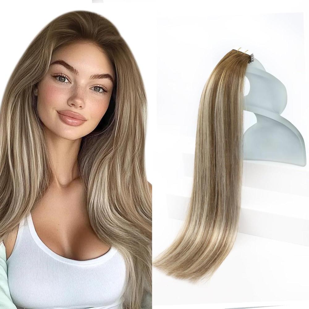 imageSunny Hair Tape in Hair Extensions Medium Brown Balayage Blonde Tape in Hair Extensions Human Hair 14 inch Remy Hair Extensions Tape in 20Pcs 50g