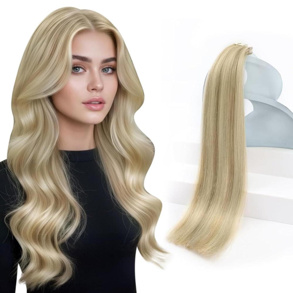 imageSunny Hair Tape in Hair Extensions Real Human Hair Invisible Remy Hair Extensions Tape ins for Women Dark Blonde Highlights Light Blonde 16 inch 20Pcs 50G