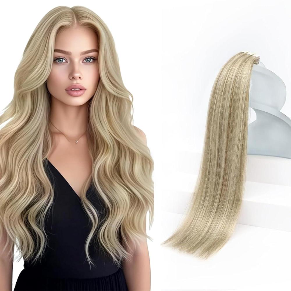 imageSunny Hair Tape in Hair Extensions Real Human Hair Invisible Remy Hair Extensions Tape ins for Women Golden Blonde Highlight Medium Blonde 16 inch 20Pcs 50G