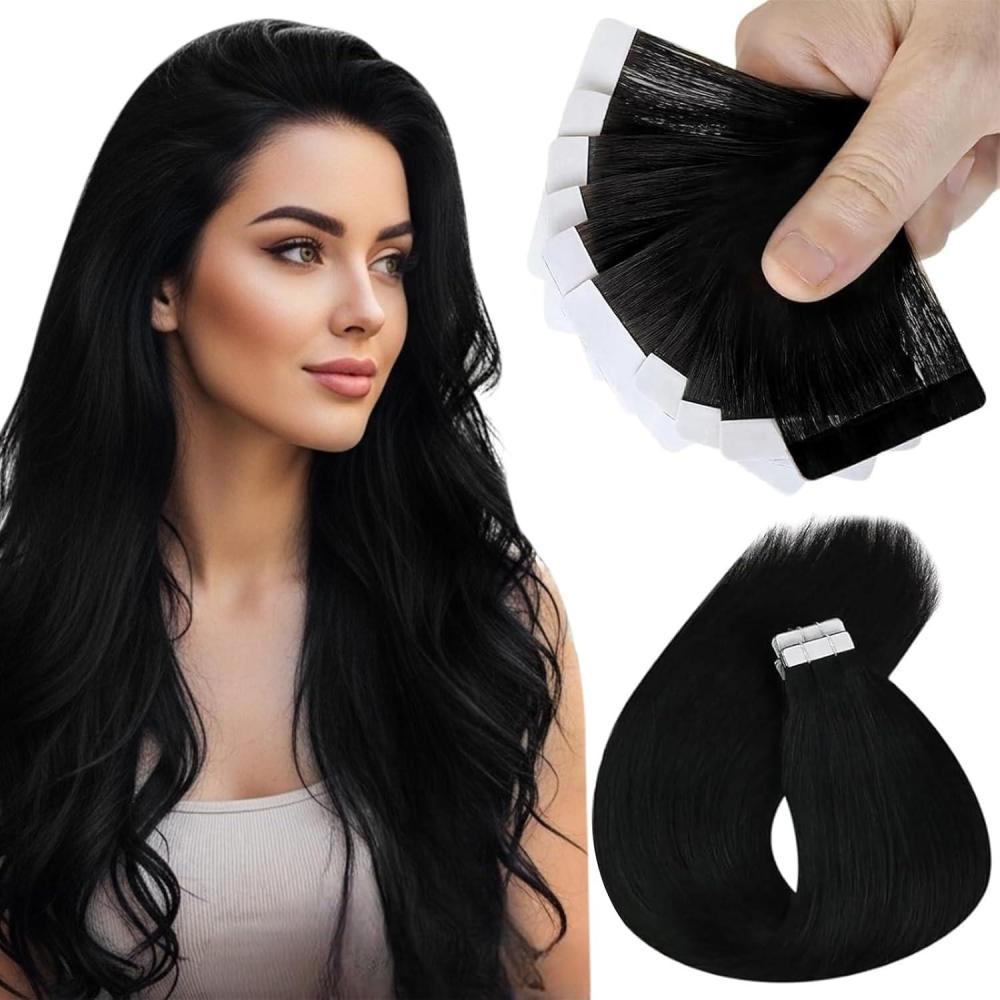imageSunny Hair Tape in Hair Extensions Real Human Hair Invisible Remy Hair Extensions Tape ins for Women Jet Black 24 inch 25G
