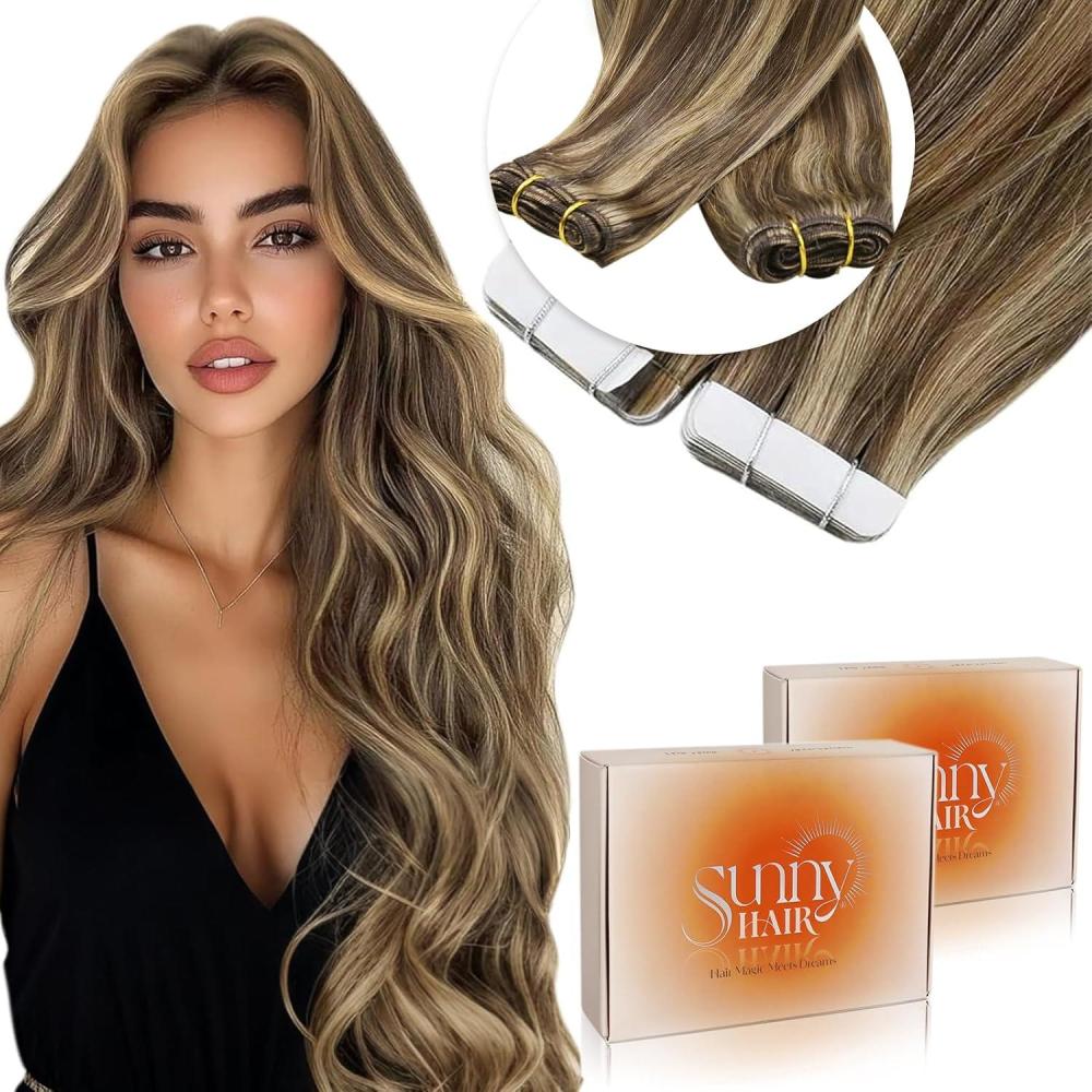 imageSunny Hair Weft Hair Extensions with Tape in Hair Extensions Dark Brown Mix Caramel Blonde 18inch 150g
