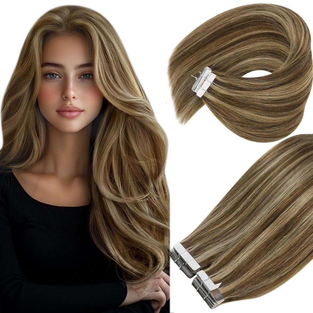 imageSunny Tape in Hair Extensions Human Hair Brown Highlight Bundle Ve Sunny Tape in Hair Extensions 20pcs 30g 12in