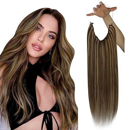 imageSunny Tape in Hair Extensions Human Hair and Wire Hair Extensions Bundle Dark Brown Highlight Caramel Blond Human Hair 2220nch