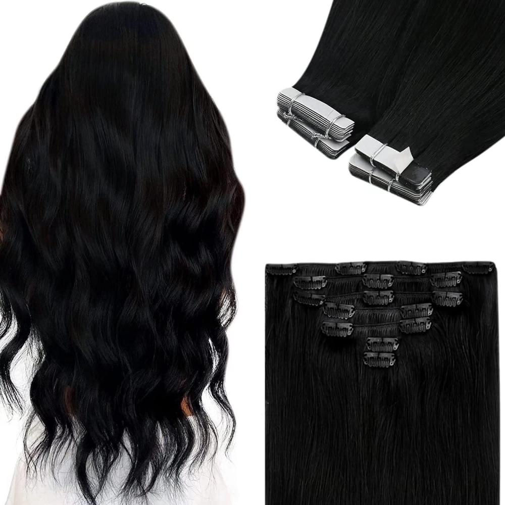 imageVe Sunny 2 Pack Total 170G Clip in amp Tape in Hair Extensions Real Human Hair Black 24 inch