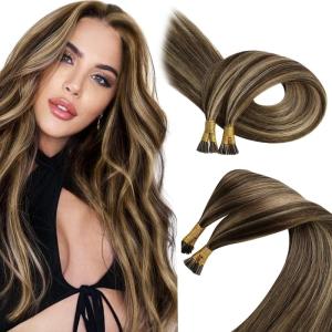 [2 Packs] Sunny Itip Hair Extensions Dark Brown Highlight Caramel Blonde Bundle with Tape in Hair Extensions Same Color 18inch