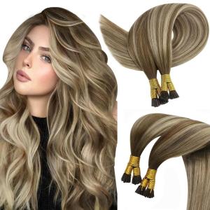 [2 Packs] Sunny Itip Hair Extensions Dark Brown to Ash Brown Highlight Medium Blonde Bundle with Tape in Hair Extensions Same Color 16inch