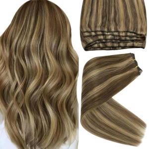 Sunny 18″ Bundle: Total 170g, Brown Tape in Human Hair Extensions 50g + Weft Hair Extensions Human Hair Brown 120g, Dark Brown Highlight Caramel Blonde