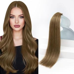 Sunny Hair 20Pcs 50g 16inchBrown Balayage Ash Blonde Human Hair Extensions Bundle Tape in Hair Extensions with Light Brown Human Hair Tape Extensions 2 Packs