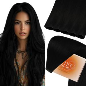 Sunny Hair Black Tape in Hair Extensions 20inch Natural Black Bundle with Sunny Hair Genius Weft Hair Extensions 18inch Jet Black Straight Remy Hair 50g+60g