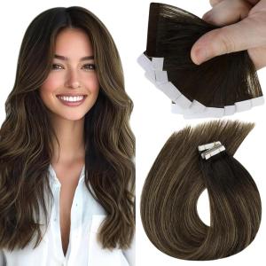 Sunny Hair Tape in Hair Extensions 10pcs #2/2/6 Dark Brown Ombre Medium Brown Balayage Bundle with Tape in Human Hair Extensions 20pcs #2/2/6 18inch