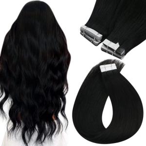 Sunny Hair Tape in Hair Extensions Color#3/8/22 Cool Brown to Light Brown Highlight Medium Blonde Balayage 18inch Bundle with Color#1 Jet Black 18inch