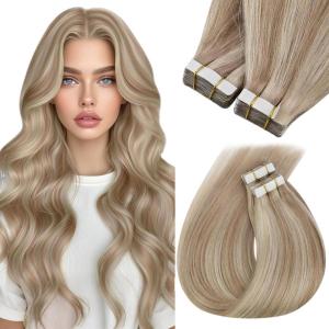 Sunny Hair Tape in Hair Extensions Color#3/8/22 Cool Brown to Light Brown Highlight Medium Blonde Balayage 18inch Bundle with Color#18/613 Ash Blonde Highlight Bleach Blonde 20inch